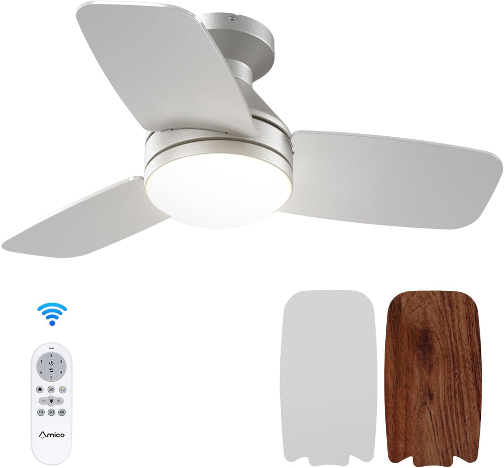 Ceiling Fans with Lights, 30 Inch Low Profile Ceiling Fan with Light and Remote Control, Flush Mount, Reversible, 3CCT, Dimmable, Noiseless, Silver Ceiling Fan for Bedroom, Indoor/Outdoor Use