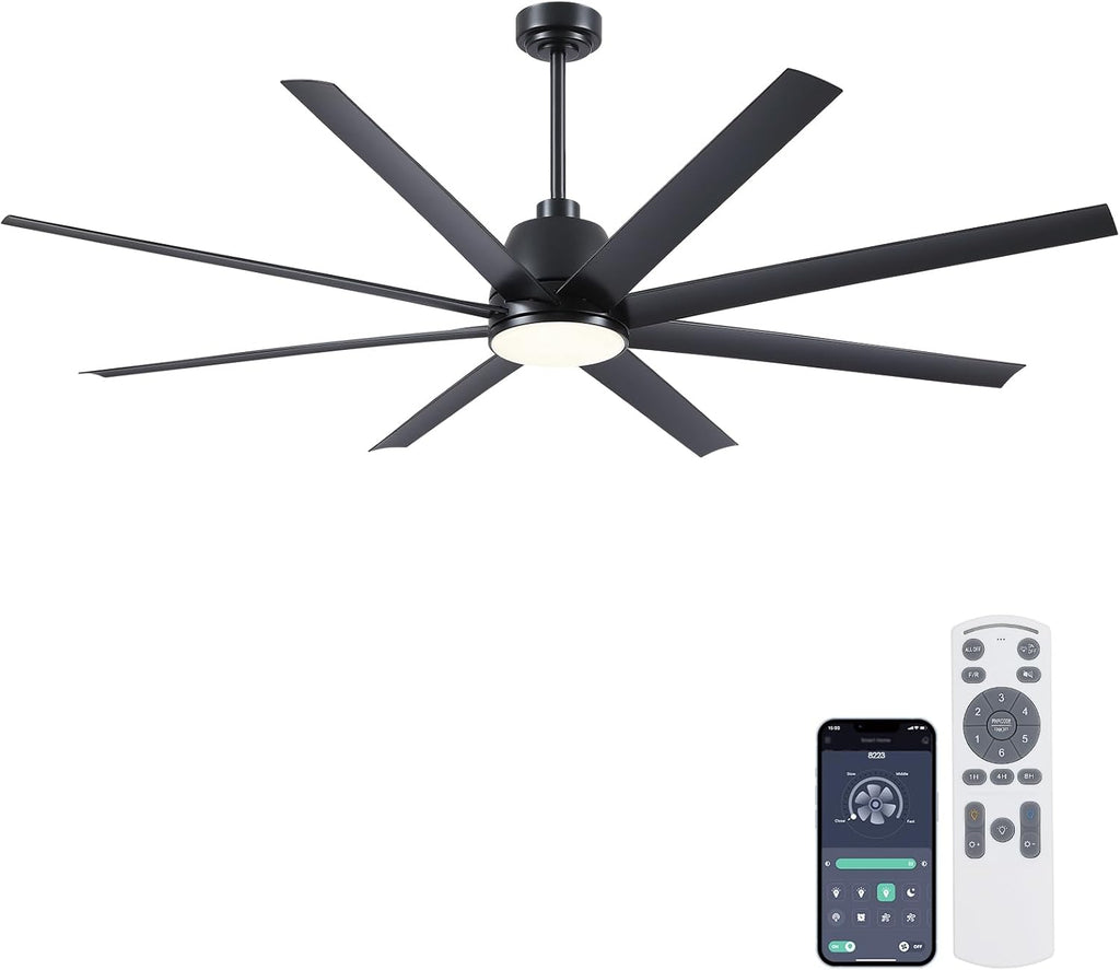 72" Black Ceiling Fan with Lights and Remote Control - Large Industrial Ceiling Fan with 8 ABS Blades, Dimming, DC Motor Reversible, Indoor/Outdoor Modern Ceiling Fan for Living Room, Black