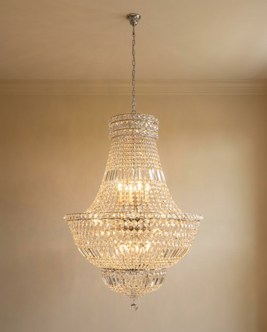 Swarovski French Empire Crystal Chandelier H30 W24 - Hanging in Elegant Room with Beige Walls