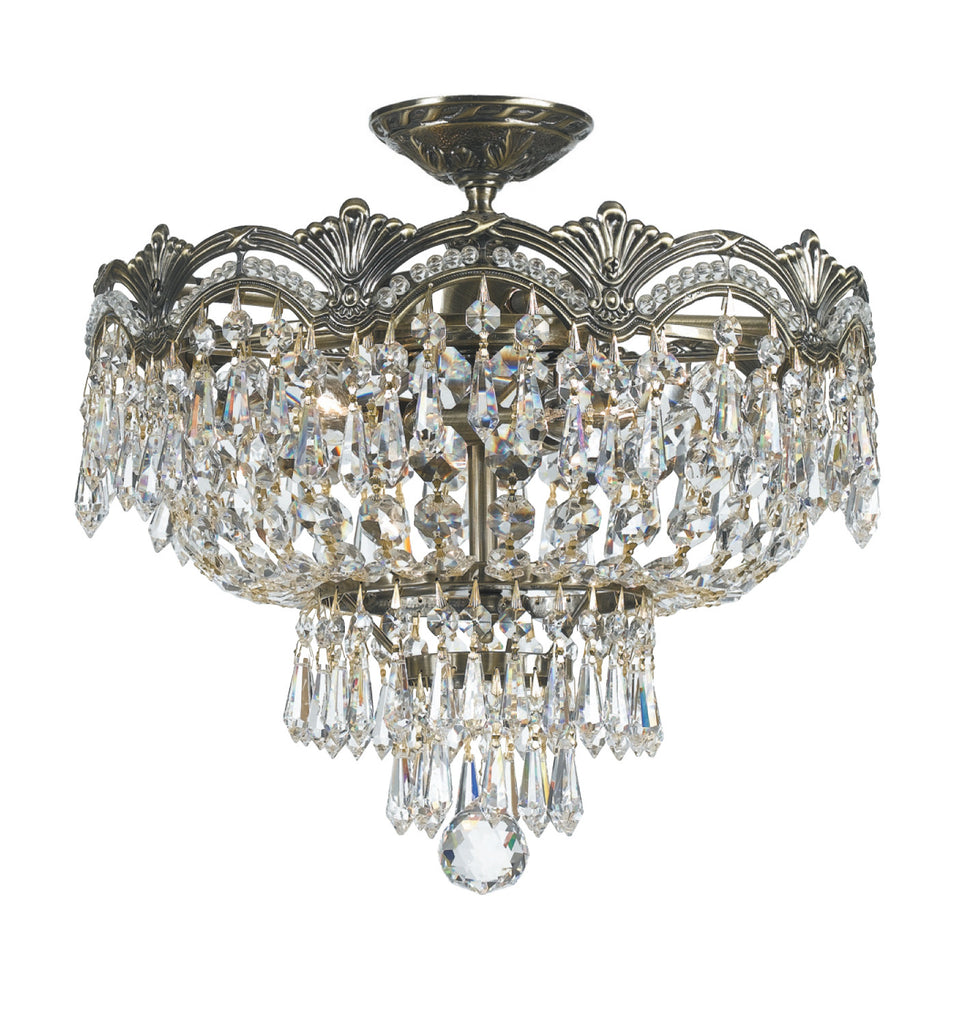 3 Light Historic Brass Crystal Ceiling Mount Draped In Clear Hand Cut Crystal - C193-1483-HB-CL-MWP