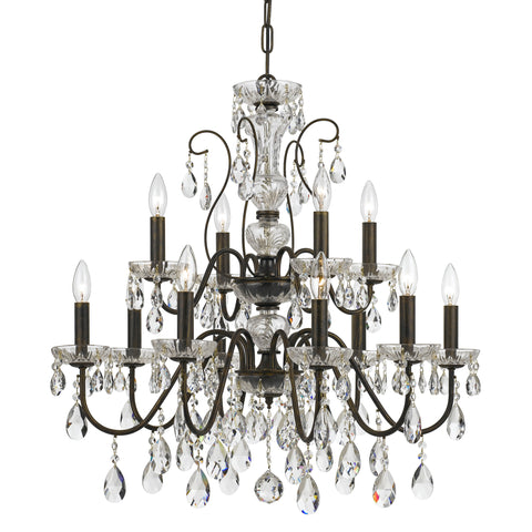 12 Light English Bronze Traditional Modern Chandelier Draped In Clear Hand Cut Crystal - C193-3029-EB