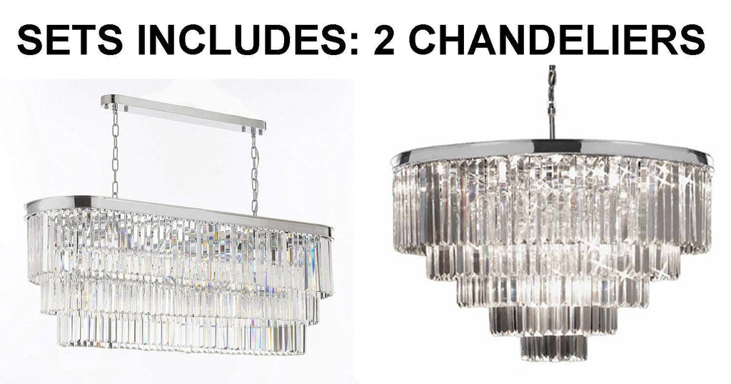 Set Of 2 - 1 Retro Palladium Glass Fringe Chandelier Chandeliers Lighting Chrome Finish And 1 Retro Palladium Crystal Glass Fringe Chandelier Chrome Finish H25" W33.5" - 1 Ea Gb104-2164/12 + 1 Ea Gb104-2164/18