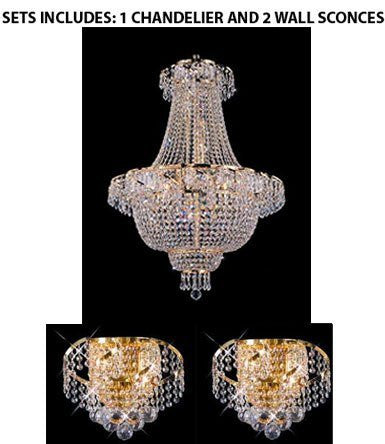Set Of 3- French Empire Crystal Chandelier Chandeliers Lighting H30" W24" And 2 Belenus Collection 24K Gold Plated Finish Wall Sconces W12" H8" E9" - 1Ea 928/9 + 2Ea Eca1W12G