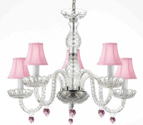 Murano Venetian Style Chandelier Lighting With Pink Crystal Hearts And Pink Shades H 25" W 24" - Perfect For Kid'S And Girls Bedrooms - G46-Pinkshades/B21/B11/384/5