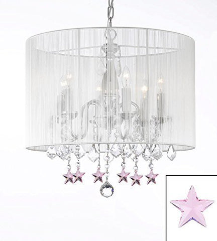 Crystal Chandelier With Large White Shade And Pink Crystal Stars H 19.5" X W 18.5" - J10-B38/1126/6