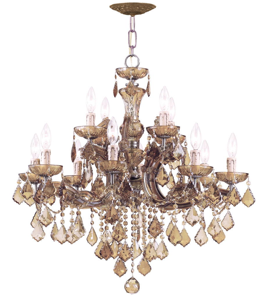 12 Light Antique Brass Crystal Chandelier Draped In Golden Teak Hand Cut Crystal - C193-4479-AB-GT-MWP