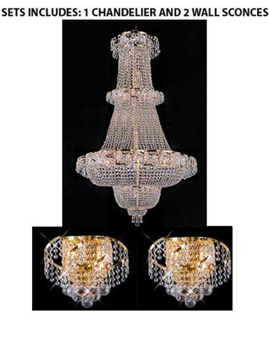 Set Of 3- French Empire Crystal Chandelier Chandeliers Lighting 60"X36" And 2 Belenus Collection 24K Gold Plated Finish Wall Sconces W12" H8" E9" - 1Ea 928/32 + 2Ea Eca1W12G