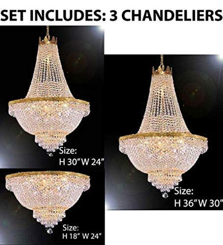 Set of 3-1 French Empire Crystal Chandelier Lighting H36 X W30 & 1 French Empire Crystal Chandelier Lighting H30 X W24 and French Empire Crystal Semi Flush Chandelier Chandeliers Lighting H18 X W24 - 1EA 870/14 + 1EA 870/9 + 1EA FLUSH/870/9