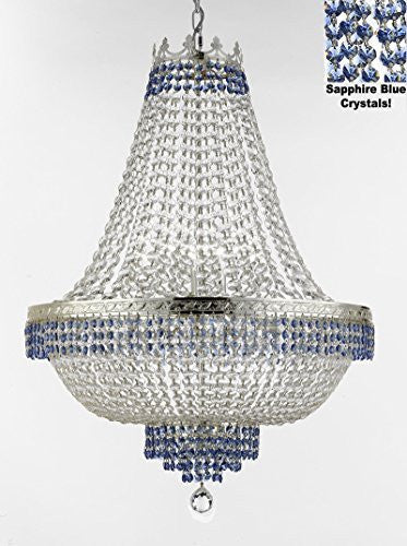 French Empire Crystal Chandelier Chandeliers Lighting Trimmed With Sapphire Blue Crystal Good For Dining Room Foyer Entryway Family Room And More H30" X W24" - F93-B83/Cs/870/9