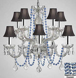 AUTHENTIC ALL CRYSTAL CHANDELIER CHANDELIERS LIGHTING WITH SAPPHIRE BLUE CRYSTALS AND BLACK SHADES! PERFECT FOR LIVING ROOM, DINING ROOM, KITCHEN, KIDS BEDROOM W/CHROME SLEEVES! H25" W24" - G46-B43/B82/CS/BLACKSHADES/1122/5+5