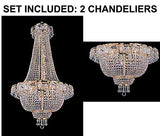 Set of 2-1 French Empire Crystal Gold Chandelier Lighting - Great for The Dining Room, Foyer, Entry Way, Living Room - H50" X W24" and 1 Flush French Empire Crystal Chandelier Lighting 19.5" X 24" - 1EA C7/928/9 + 1EA FLUSH/CG/928/9
