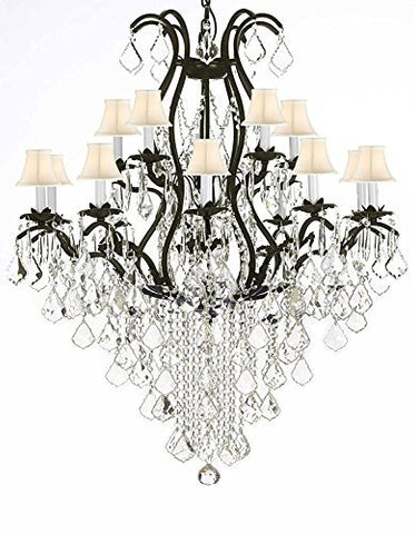 Swarovski Wrought Iron Chandelier Crystal Chandeliers Lighting Crystal H50" X W36" With White Shades! Great for Dining room, Entryway / Foyer, or Living room! - A83-SC/WHITESHADE/B12/3034/10+5SW
