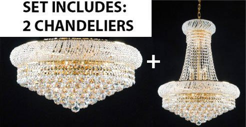 Set Of 2 - New French Empire Crystal Chandelier 24X32 + Flush Empire Crystal Chandelier Lighting 15X24 - Foyer Hallway Bedroom Kitchen- Works For All Locations - 1Ea-A93-542/15+1Ea-F93-Flush/542/15