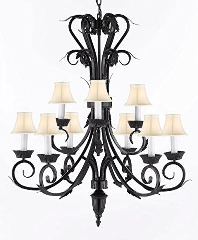 Wrought Iron Chandelier With White Shades H 30" W 26" 9 Lights - A84-Whiteshades/724/6+3