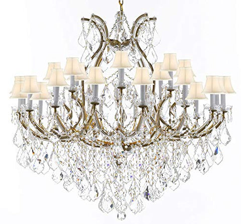 Swarovski Crystal Trimmed Chandelier Lighting Chandeliers H46" X W46" Dressed with Large, Luxe Crystals! - Great for The Foyer, Entry Way, Living Room, Family Room and More! w/White Shades - A83-B90/WHITESHADES/2MT/24+1SW