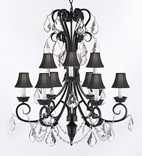 Wrought Iron (Tm) Chandelier 30" Inches Tall With Crystal And Shades Trimmed With Spectra (Tm) Crystal - Reliable Crystal Quality By Swarovski - A84-Sc/B12/724/6+3Sw