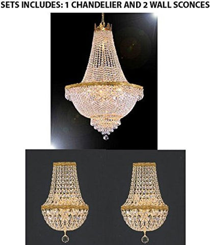 Set Of 3 - 1 French Empire Crystal Chandelier Lighting - Great For The Dining Room Foyer Living Room H50" X W30" And 2 Empire Crystal Wall Sconce Crystal Lighting W9.5" H18" D5" - 1Ea 870/14Large+2Ea Wallsconce/Cg/4/5