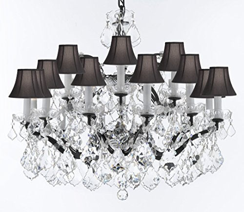 Swarovski Crystal Trimmed 19th C. Baroque Iron & Crystal Chandelier Lighting H 22" x W 30"-Dressed w/Large, Luxe Crystals! Good for Dining room, Foyer, Entryway, Living Room, Bedroom! w/ Black Shades - G93-BLACKSHADES/B62/B89/995/18SW