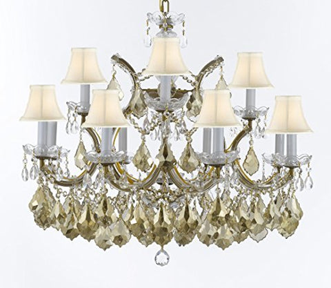 Maria Theresa Chandelier Crystal Lighting H 22" X W 28" W/ Golden Teak Crystal W/ White Shades Good For Dining Room, Entryway , Living Room - A83-SC/WHTSH/B2/GOLDENTEAKGOLD/1534/12+1