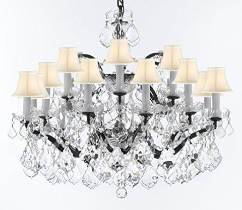 19th C. Baroque Iron & Crystal Chandelier Lighting H 22" x W 30" - Dressed With Large, Luxe Crystals! Good for Dining room, Foyer, Entryway, Living Room, Bedroom! w/ White Shades - G93-WHITESHADES/B62/B89/995/18DC