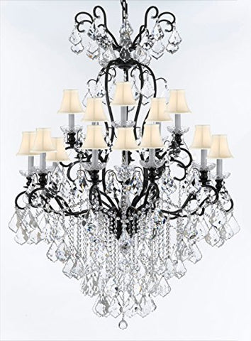 Swarovski Crystal Trimmed Wrought Iron Crystal Chandelier Lighting W38" H60" - Good for Entryway, Foyer, Living Room, Ballrooms, Catering Halls, Event Halls! w/ White Shades - F83-WHITESHADES/B12/556/16SW