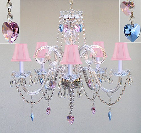 Authentic All Crystal Chandelier Chandeliers Lighting With Sapphire Blue & Pink Crystal Hearts & Pink Shades Perfect For Living Room Dining Room Kitchen Kid'S Bedroom H25" W24" - A46-B85/B21/Pinkshades/387/5