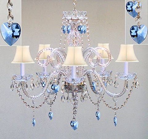Authentic All Crystal Chandelier Chandeliers Lighting With Sapphire Blue Crystal Hearts And White Shades Perfect For Living Room Dining Room Kitchen Kid'S Bedroom H25" W24" - A46-B85/Whiteshades/387/5