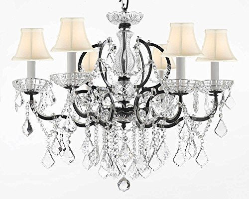 Swarovski Crystal Trimmed Chandelier 19Th C. Baroque Iron & Crystal Chandelier Lighting With White Shades H 25" X W 26" - A83-Whiteshades/994/6Sw