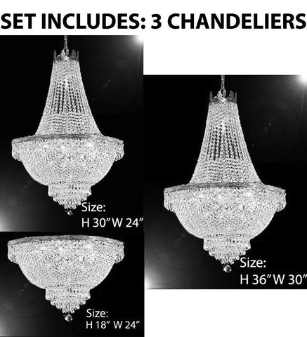 Set of 3-1 French Empire Crystal Chandelier Lighting H36 X W30 & 1 French Empire Crystal Chandelier Lighting H30 X W24 and 1 French Empire Crystal Semi Flush Basket Chandeliers Lighting H18 X W24 - CS/870/14+ CS/870/9+ FLUSH/CS/870/9