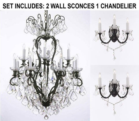 Set of 3-2 Wrought Iron Wall Sconce Crystal Lighting W 11.5" H 14" D 17" and 1 Wrought Iron Crystal Chandelier Lighting H30 x W28 - 2EA G83-3/556 + 1EA F83-556/12