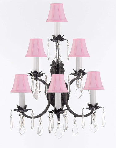 Wrought Iron Wall Sconce Crystal Lighting 3 Tier Wall Sconces W16 x H24 w/Pink Shades - A83-PINKSHADES/6/3034