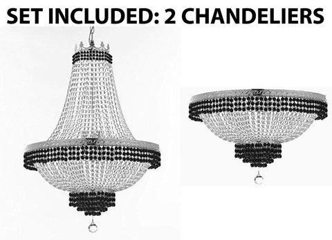 Set of 2-1 French Empire Crystal Chandelier Lighting Trimmed w/Jet Black Crystal! H30" X W24" and 1 Flush French Empire Crystal Chandelier Lighting Trimmed w/Jet Black Crystal! H18" X W24" - B79/CS/870/9 + B79/CS/FLUSH/870/9