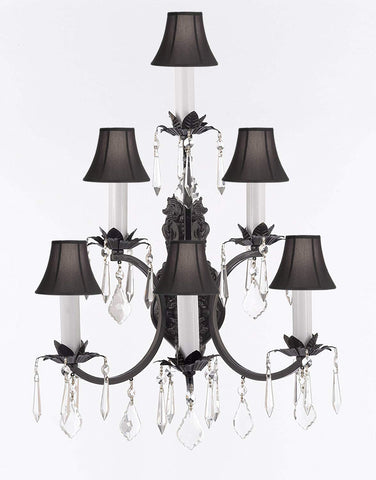 Wrought Iron Wall Sconce Crystal Lighting 3 Tier Wall Sconces W16 x H24 w/Black Shades - A83-BLACKSHADES/6/3034
