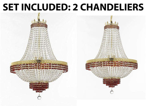 Set of 2-1 Moroccan Style French Empire Crystal Chandelier Trimmed w/Ruby Red Crystal H36 W30 and 1 Moroccan Style French Empire Crystal Chandelier Lighting Trimmed w/Ruby Red Crystal! H30" X W24" - B74/CG/870/14 + B74/CG/870/9