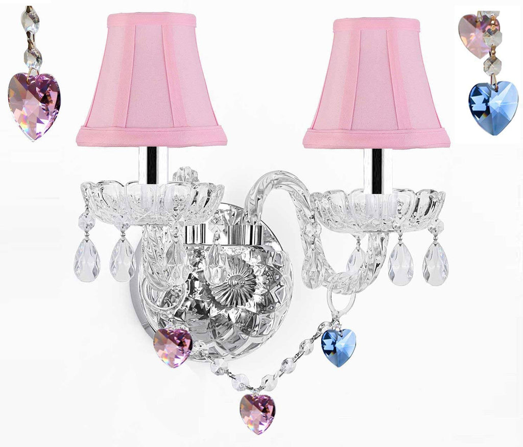 Swarovski Crystal Trimmed Wall Sconce Lighting with Crystal Blue and Pink Hearts w/Chrome Sleeves - Perfect for Kids and Girls Bedrooms with Shades! - G46-B43/PINKSHADES/B85/B21/2/386 SW