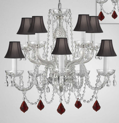 Chandelier Lighting Crystal Chandeliers H25" X W24" 10 Lights - Dressed w/ Ruby Red Crystals! Great for Dining Room, Foyer, Entry Way, Living Room, Bedroom, Kitchen! w/Black Shades - G46-B98/BLACKSHADES/CS/1122/5+5