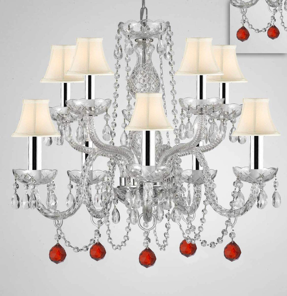 Chandelier Lighting Crystal Chandeliers H25"XW24" 10 Lights w/Chrome Sleeves - Dressed w/Ruby Red Crystal Balls! Great for Dining Room, Foyer, Entry Way, Living Room, Bedroom, Kitchen! w/White Shades - G46-B43/B96/WHITESHADES/CS/1122/5+5