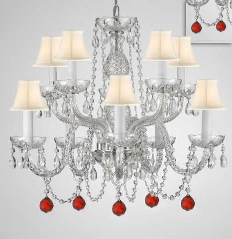 Chandelier Lighting Crystal Chandeliers H25" X W24" 10 Lights - Dressed w/ Ruby Red Crystal Balls! Great for Dining Room, Foyer, Entry Way, Living Room, Bedroom, Kitchen! w/White Shades - G46-B96/WHITESHADES/CS/1122/5+5