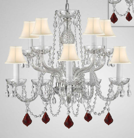 Chandelier Lighting Crystal Chandeliers H25" X W24" 10 Lights - Dressed w/ Ruby Red Crystals! Great for Dining Room, Foyer, Entry Way, Living Room, Bedroom, Kitchen! w/White Shades - G46-B98/WHITESHADES/CS/1122/5+5