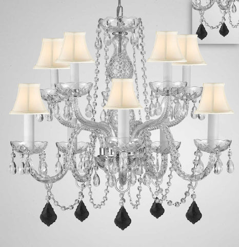 Chandelier Lighting Crystal Chandeliers H25" X W24" 10 Lights - Dressed w/ Jet Black Crystals! Great for Dining Room, Foyer, Entry Way, Living Room, Bedroom, Kitchen! w/White Shades - G46-B97/WHITESHADES/CS/1122/5+5
