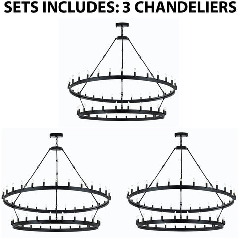 Set of 3 - Wrought Iron Vintage Barn Metal Castile Two Tier Chandelier Industrial Loft Rustic Lighting W 63" H 60" Great for The Living Room, Dining Room, Foyer and Entryway, Family Room, and More - 3EA G7-3428/54