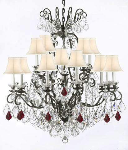 Swarovski Crystal Trimmed Chandelier Wrought Iron Crystal Chandelier Lighting Dressed with Ruby Red Crystals W38" H44" - Great for the Dining Room, Foyer, Entry Way, Living Room w/White Shades - F83-B98/WHITESHADES/556/16SW