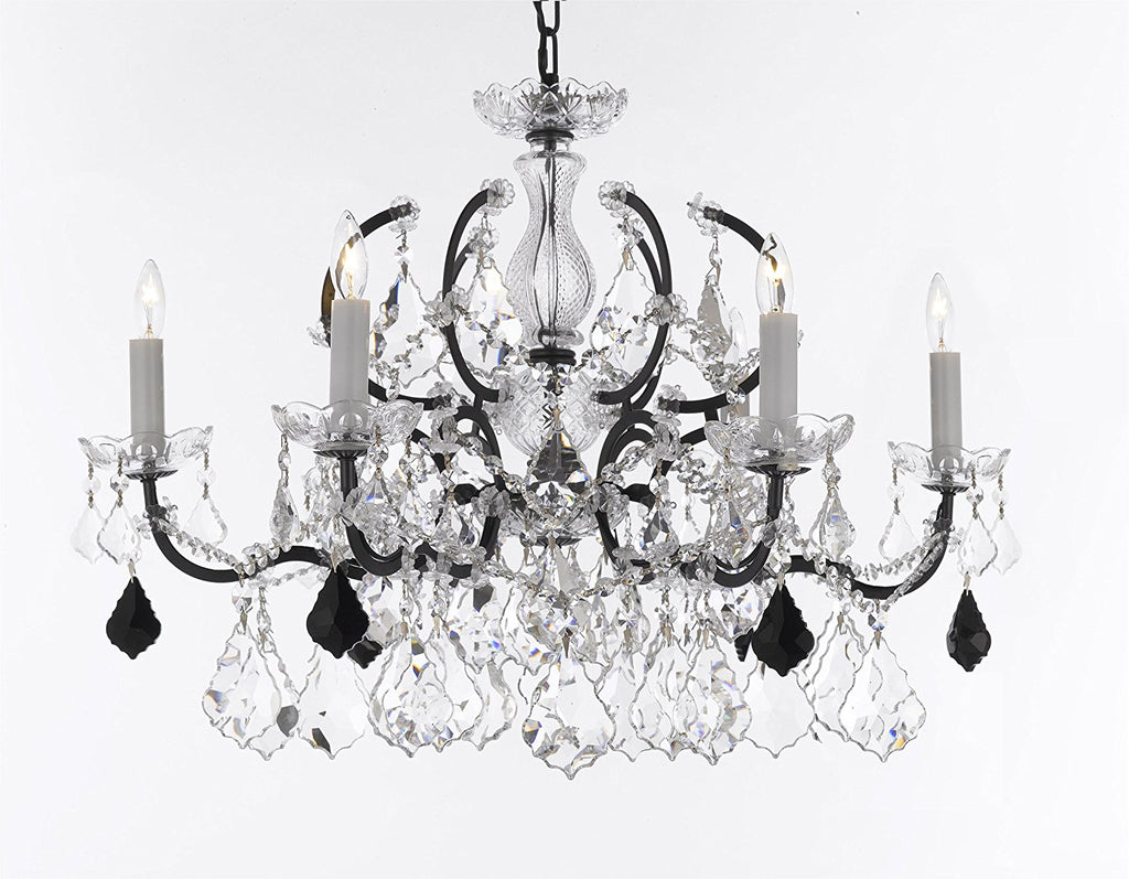 19th C. Baroque Iron & Crystal Chandelier Lighting Dressed with Empress Crystal (tm) - Dressed w/Jet Black Crystals Great for Kitchens, Closets, & Dining Rooms H 19" x W 26" - G83-B97/994/6