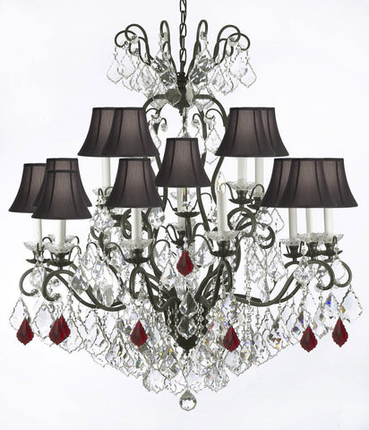 Swarovski Crystal Trimmed Chandelier Wrought Iron Crystal Chandelier Lighting Dressed with Ruby Red Crystals W38" H44" - Great for the Dining Room, Foyer, Entry Way, Living Room w/Black Shades - F83-B98/BLACKSHADES/556/16SW