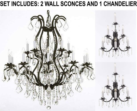 Set of 3-2 Wrought Iron Wall Sconce Crystal Lighting 3 Tier Wall Sconces W16 x H24 and 1 Wrought Iron Chandelier Crystal Chandeliers Lighting H36 X W36 - 2EA A83-6/3034 + 1EA A83-3034/10+5