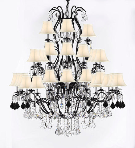 Large Wrought Iron Chandelier Chandeliers Lighting With Jet Black Crystals H60" x W52" - Great for the Entryway, Foyer, Family Room, Living Room w/White Shades - A83-B97/WHITESHADES/3031/36