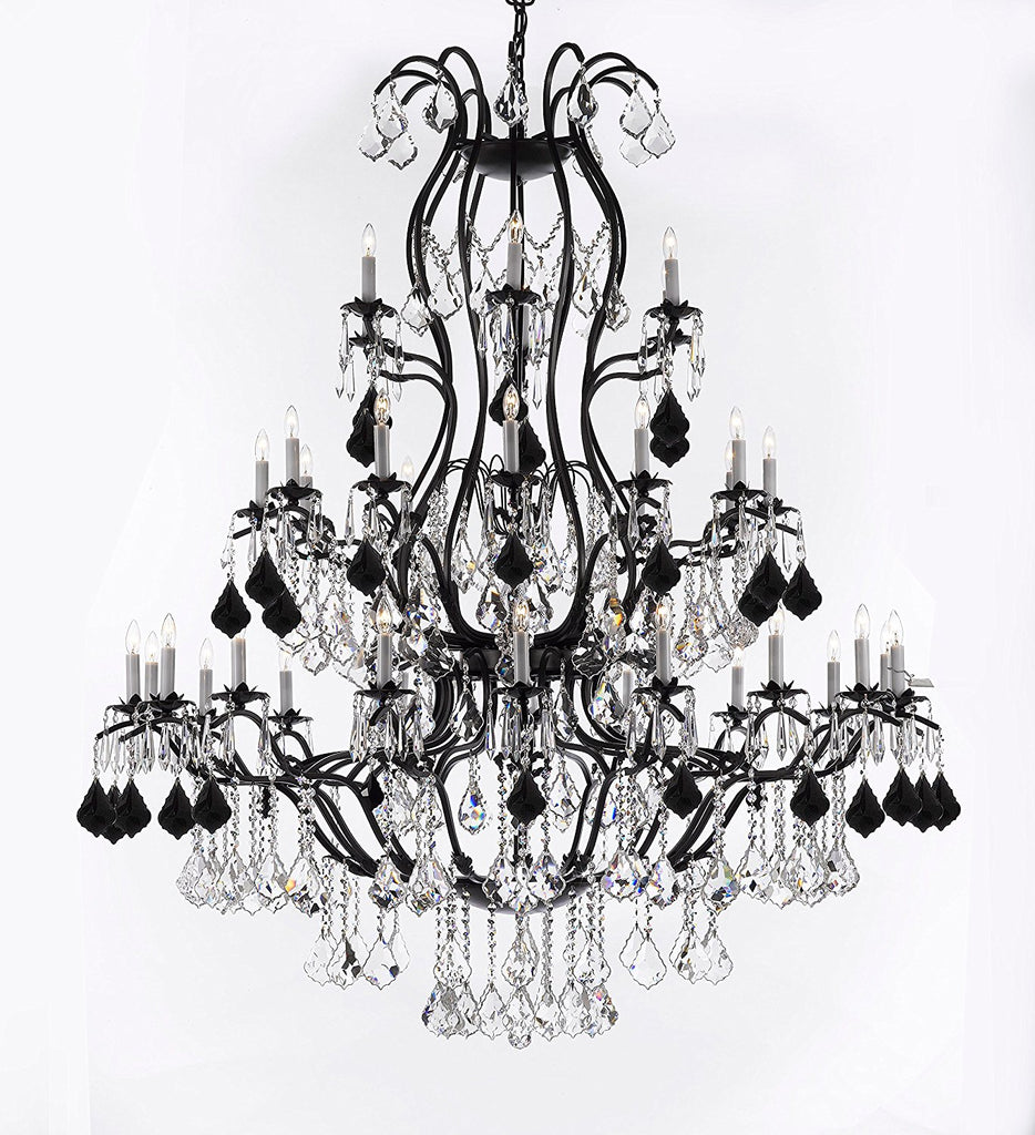 Large Wrought Iron Chandelier Chandeliers Lighting With Jet Black Crystals H60" x W52" - Great for the Entryway, Foyer, Family Room, Living Room - A83-B97/3031/36