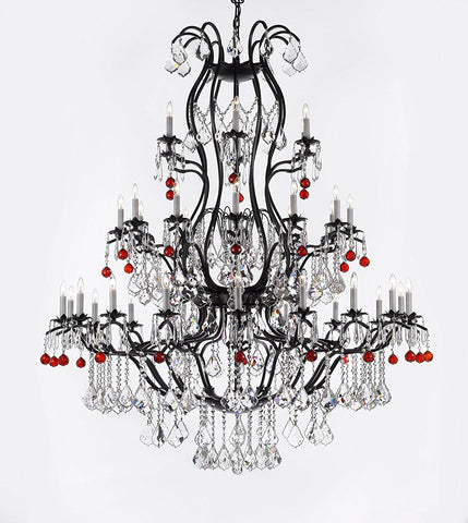 Large Wrought Iron Chandelier Chandeliers Lighting With Ruby Red Crystal Balls H60" x W52" - Great for the Entryway, Foyer, Family Room, Living Room - A83-B96/3031/36