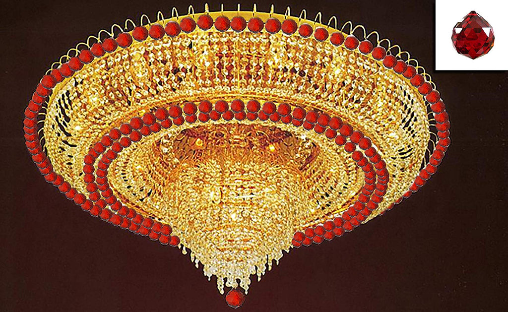French Empire Crystal Flush Chandelier Lighting H 19" W 39" Dressed with Ruby Red Color Balls! - J10-B104/26097/16