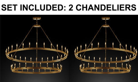 Set of 2 - Wrought Iron Vintage Barn Metal Castile Two Tier Chandeliers Industrial Loft Rustic Lighting W 63" H 60" in a Brushed Brass Finish Great for The Living Room, Dining Room, Foyer and Entryway, Family Room, and More - 2EA G7-CG/3428/54
